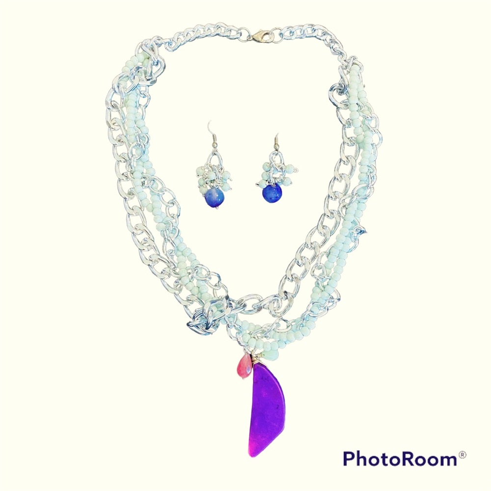 Beaded Necklace Earring Fashion Set Amatrina Myth Blue Purple Silver Charm